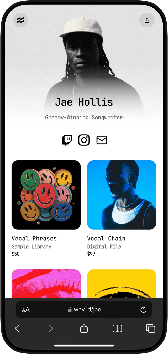 An image of a phone displaying a SoundPage storefront